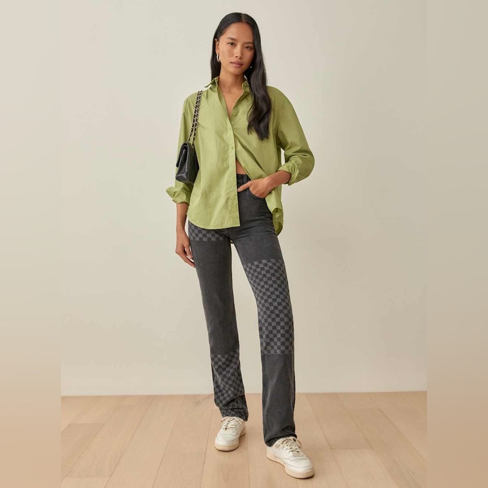 Reformation Cynthia Shadow Checkered High Rise Straight Long Jeans 23